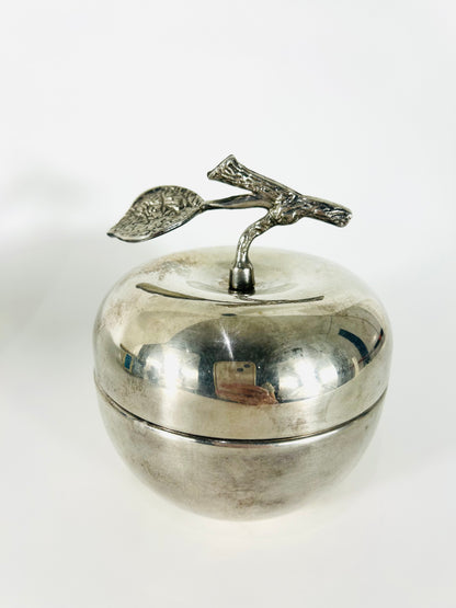 Versilberte Dose in Apfelform mit detaillierten Blattwerk, Italien 1970er Jahre